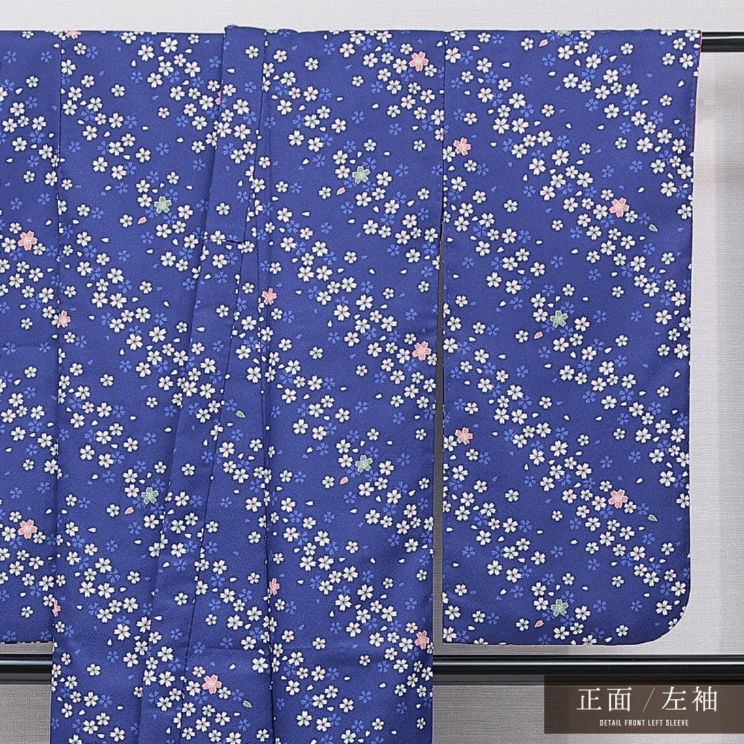 洗える着物 振袖 袷 身丈150cm 裄丈59cm ポリエステル Sランク フォーマル バチ衿 Sサイズ 花柄 紺系 RP 1215-07079