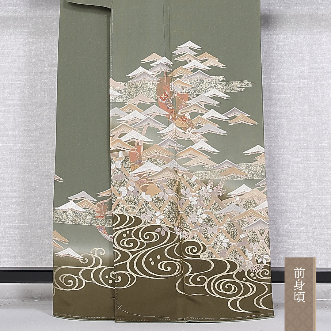 色留袖 袷 身丈163cm 裄丈66cm 正絹 Sランク 一つ紋 (抱き名荷) セミフォーマル 広衿 Lサイズ 龍泉 京友禅 作家物 松 緑系 M4 1214-06615