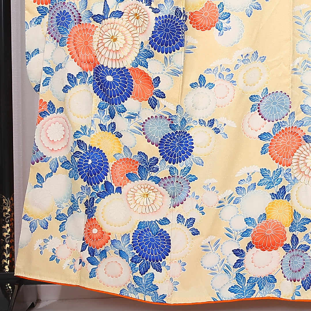 振袖 袷 身丈160cm 裄丈65cm 正絹 Bランク フォーマル 広衿 Lサイズ 刺繍 菊 黄系 RP 1215-06730