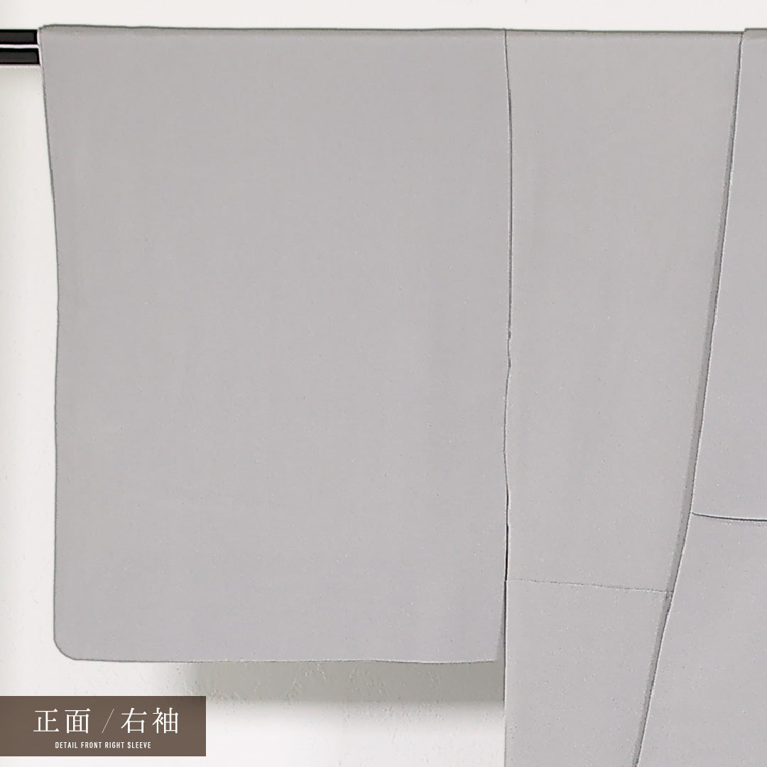 色無地 袷 身丈159cm 裄丈63cm 正絹 Sランク 一つ紋 (梅鉢) セミフォーマル 広衿 Sサイズ 証紙 葡萄唐草文 グレー系 RP 1219-17413