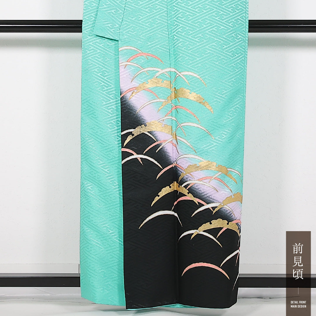 洗える着物 訪問着 袷 身丈158cm 裄丈65cm ポリエステル Sランク 踊り用 バチ衿 Mサイズ 雪輪 緑系 LP 1217-17513