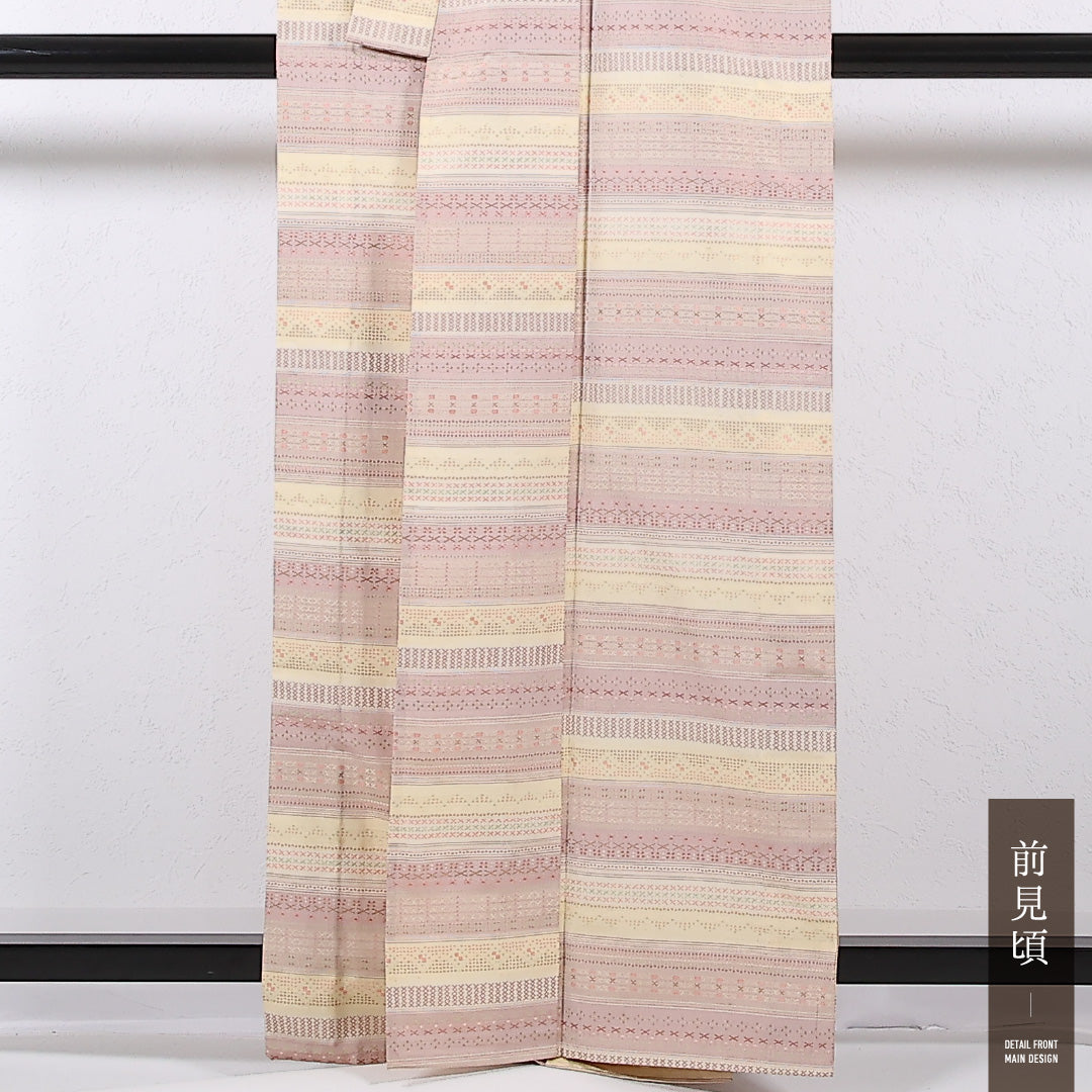 紬 単衣 身丈159cm 裄丈63cm 正絹 Sランク カジュアル バチ衿 Sサイズ 創作柄 ベージュ系 RP 1223-17353
