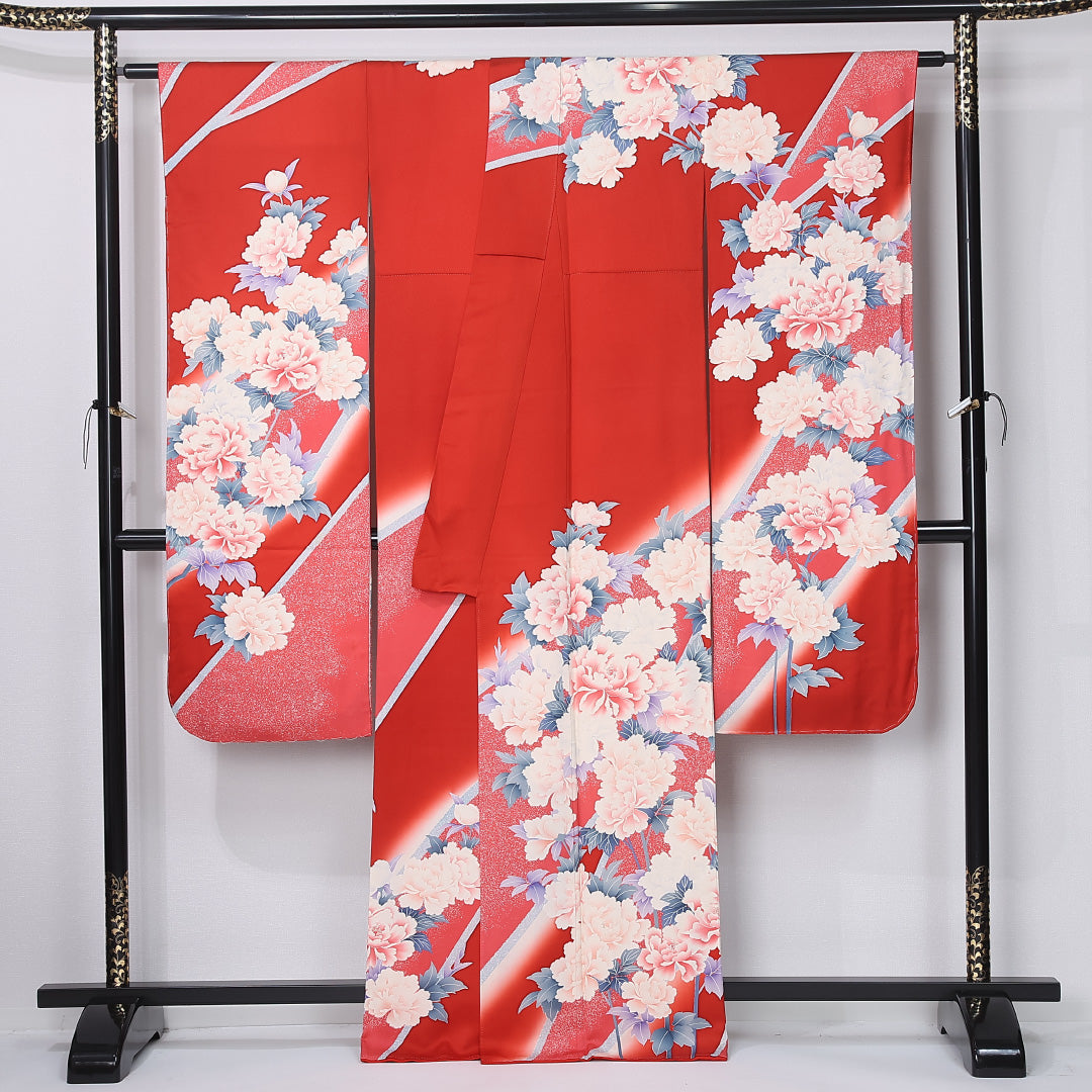 振袖 袷 身丈163cm 裄丈66cm 正絹 Aランク フォーマル 広衿 Lサイズ 牡丹 赤系 RP 1215-06716