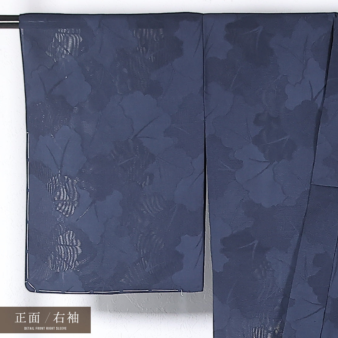 夏物 小紋 絽 身丈170cm 裄丈66cm 正絹 Sランク 一つ紋 (違い鷹の羽) セミフォーマル バチ衿 Lサイズ 植物柄 紺系 RP 1221-17349