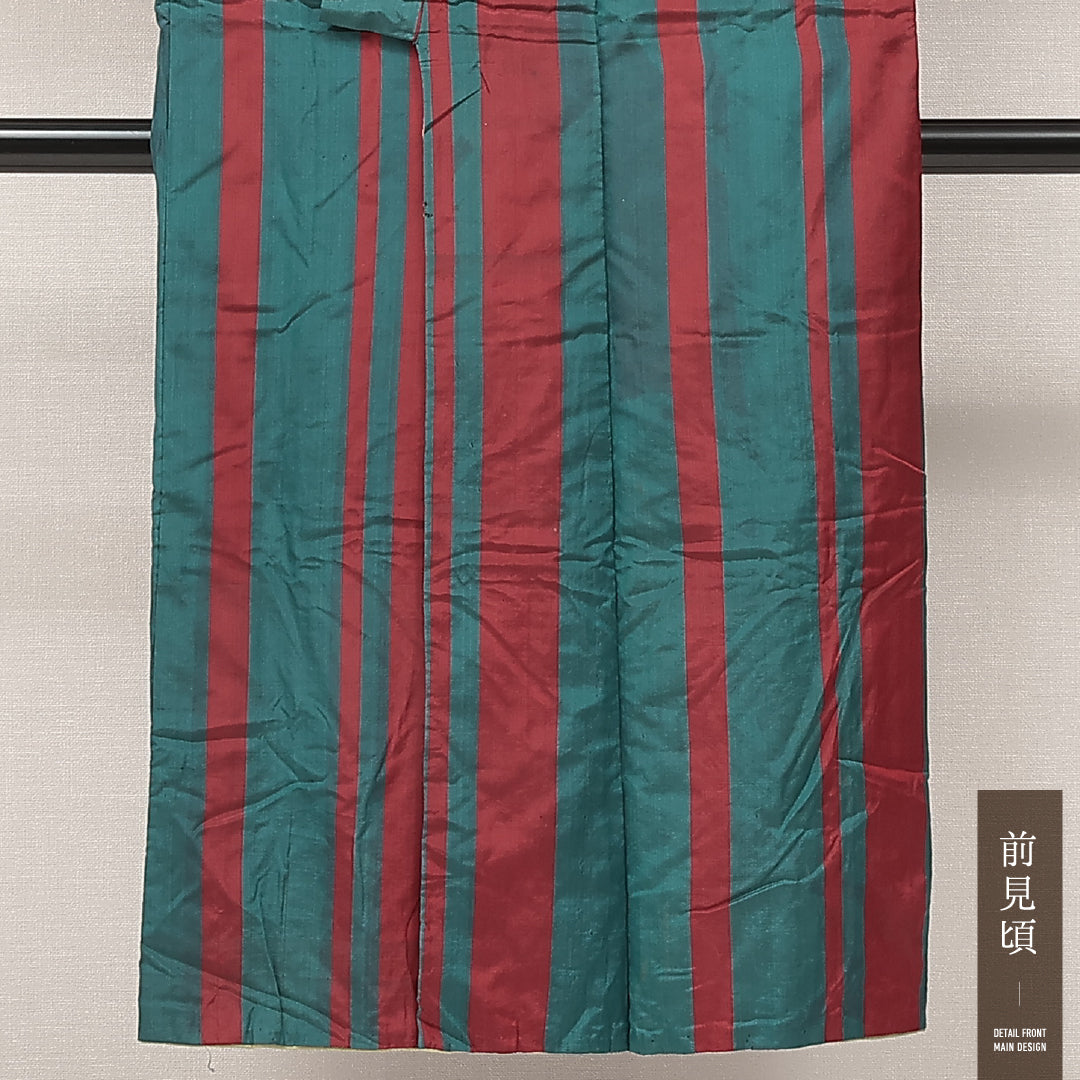 アンティーク お召 袷 身丈135cm 裄丈62cm 正絹 Cランク バチ衿 XSサイズ 縞 緑系 RP 1222-17206