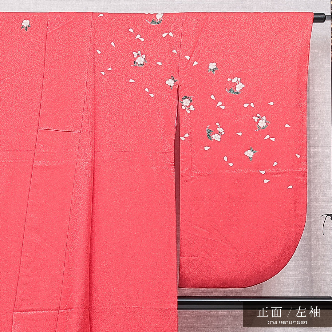 洗える着物 小振袖 袷 身丈163cm 裄丈66cm ポリエステル Aランク セミフォーマル 広衿 Lサイズ 桜 赤系 RP 1216-07030