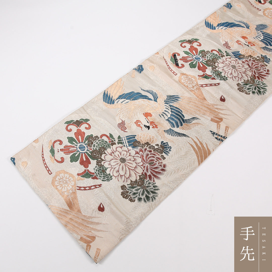 尾長鳥 アンティーク 丸帯 帯丈392cm 正絹 全通 牡丹 クリーム系 1242-02591