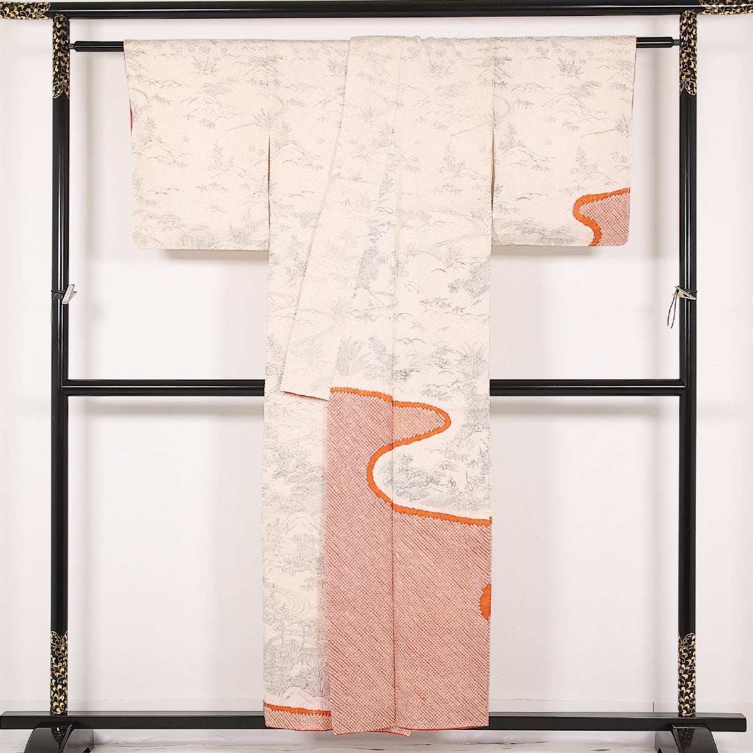 洗える着物 訪問着 (総絞り) 袷 身丈153cm 裄丈60cm ポリエステル Sランク インフォーマル 広衿 Lサイズ 御所解 クリーム系 RP 1217-17525
