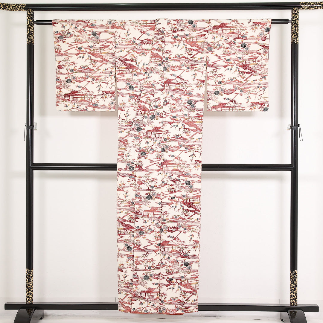 洗える着物 小紋 袷 身丈155cm 裄丈63cm ポリエステル Sランク インフォーマル バチ衿 Lサイズ 茶屋辻 白系 RP 1221-17548