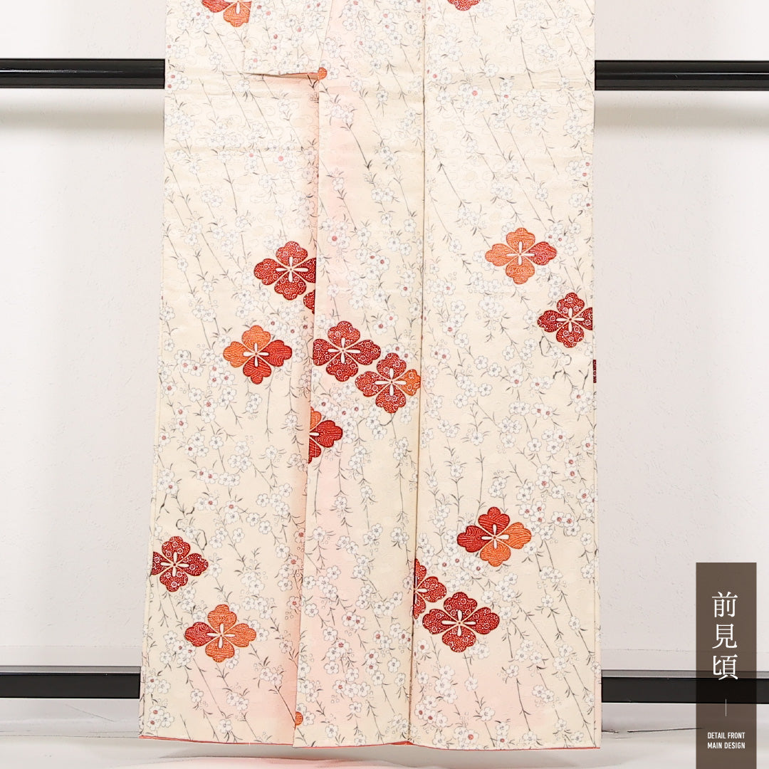 洗える着物 小紋 袷 身丈159cm 裄丈65cm ポリエステル Sランク インフォーマル 広衿 Lサイズ しつけ糸 桜 花菱 クリーム系 RP 1221-17473