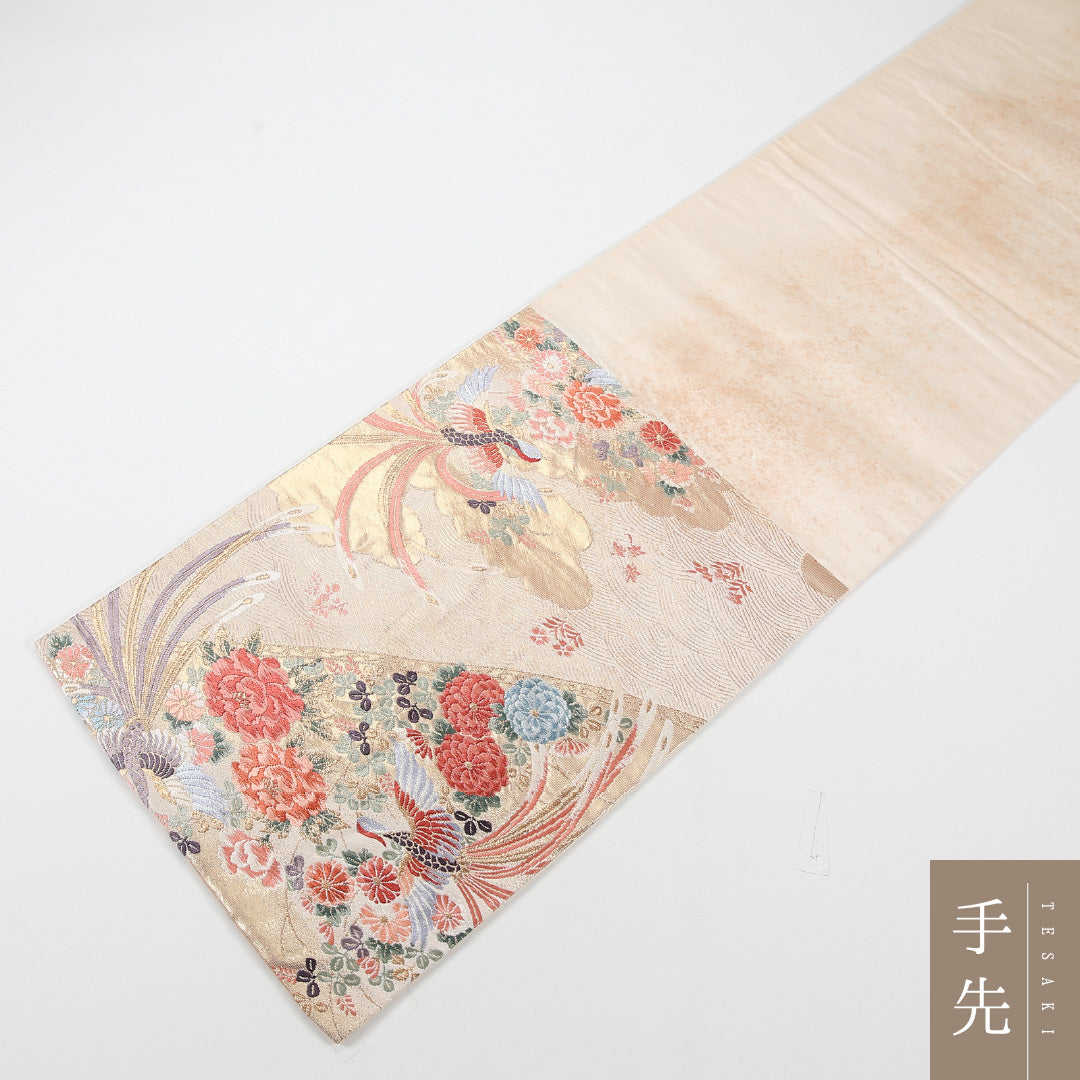 尾長鳥 袋帯 帯丈428cm 正絹 六通 フォーマル クリーム系 白系 1243-02582
