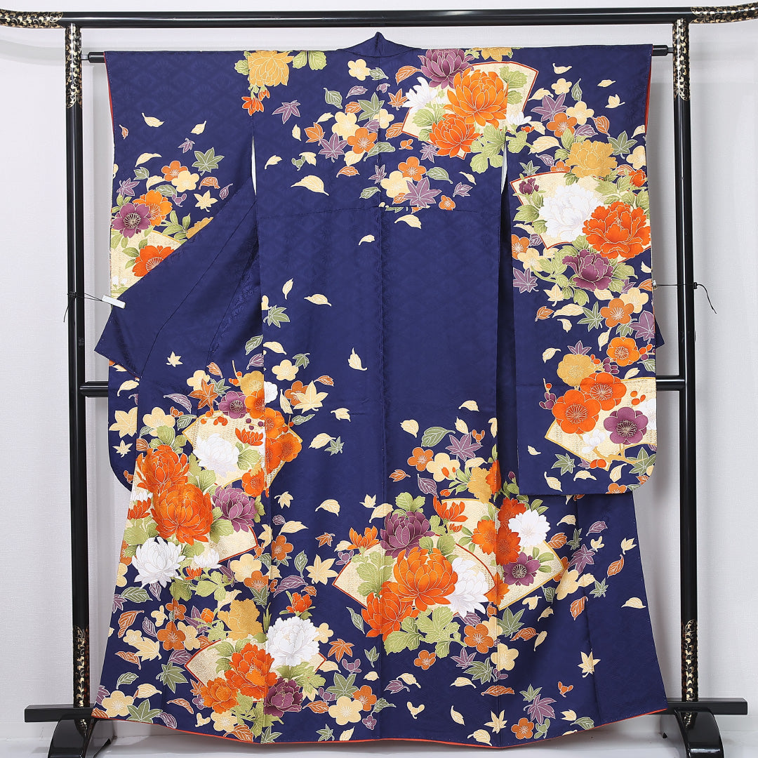振袖 袷 身丈160cm 裄丈62cm 正絹 Sランク フォーマル 広衿 Lサイズ 扇面文 菊 紅葉 紺系 RP 1215-06724