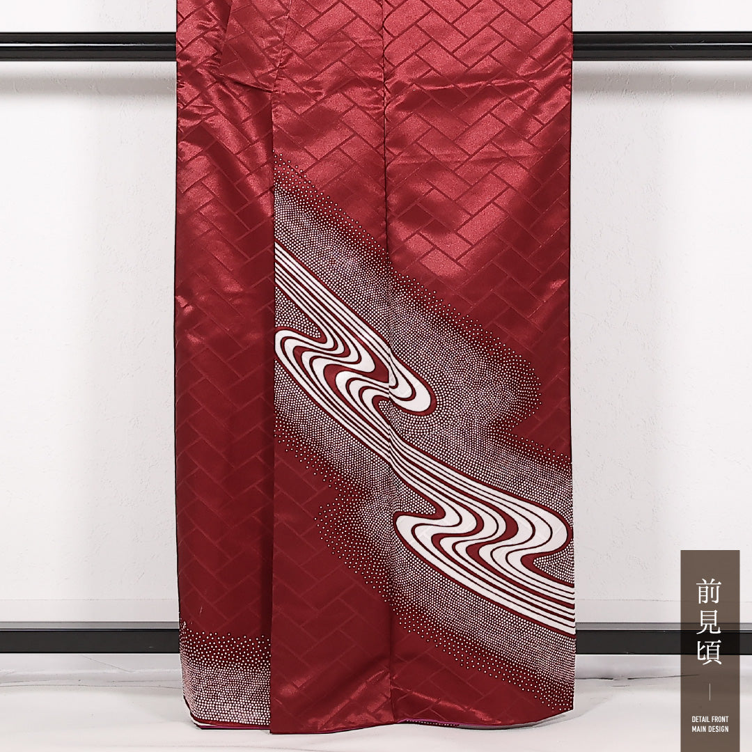 洗える着物 訪問着 袷 身丈161cm 裄丈66cm ポリエステル Aランク 踊り用 バチ衿 XLサイズ 流水 赤系 LP 1217-17508