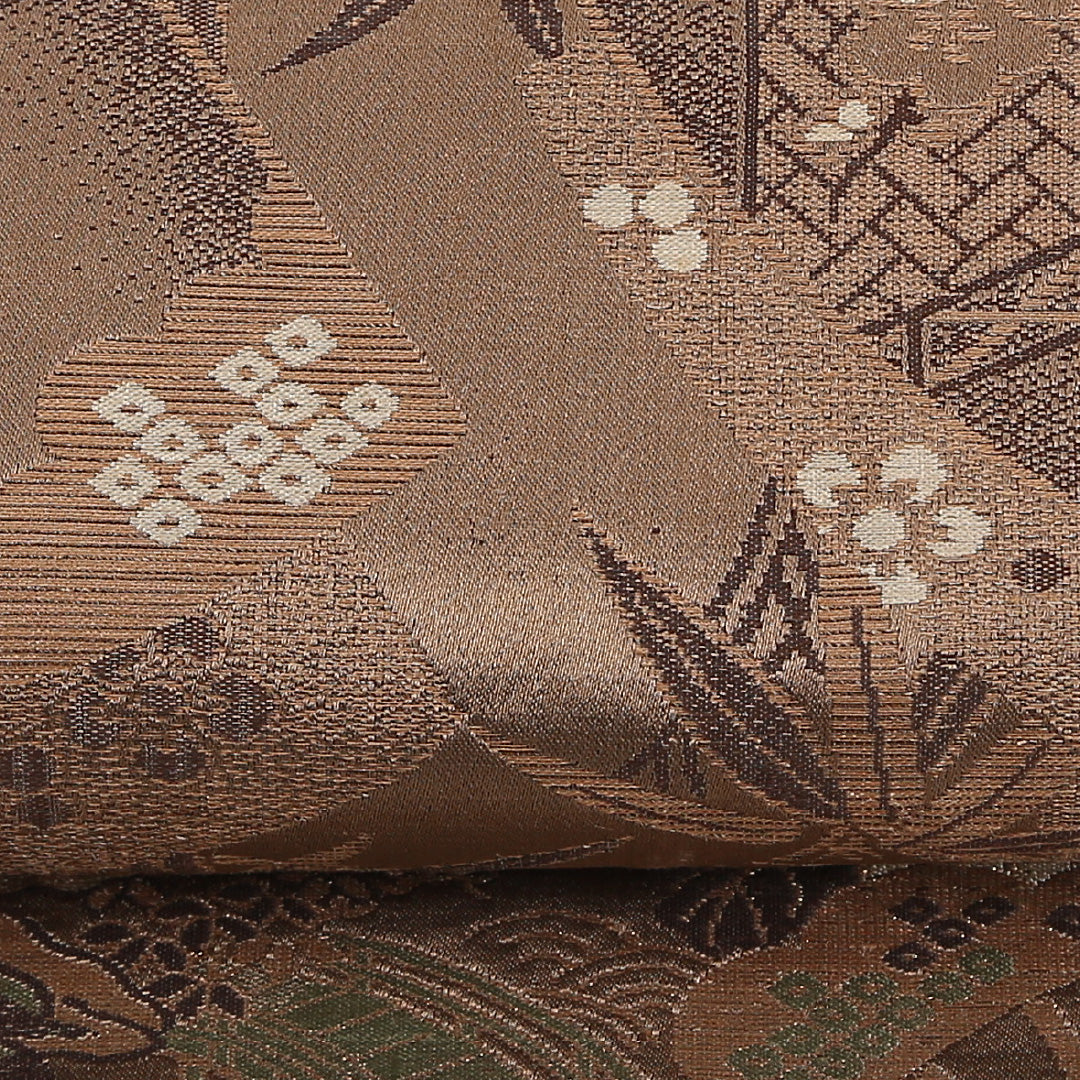 アンティーク 丸帯 帯丈392cm 正絹 全通 扇面文 竹 茶系 1242-02564