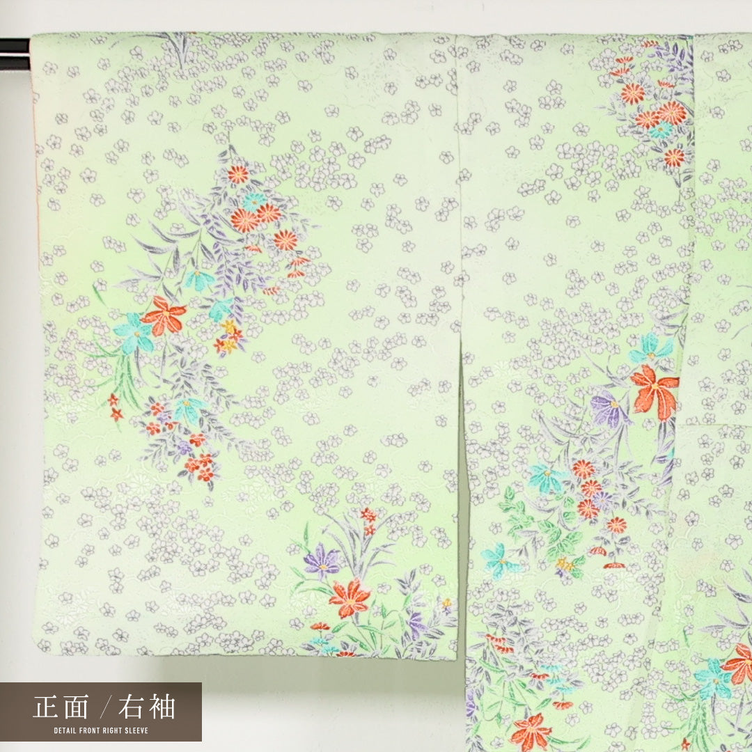 洗える着物 小紋 袷 身丈163cm 裄丈64cm ポリエステル Bランク インフォーマル 広衿 Mサイズ 花柄 緑系 LP 1221-17453