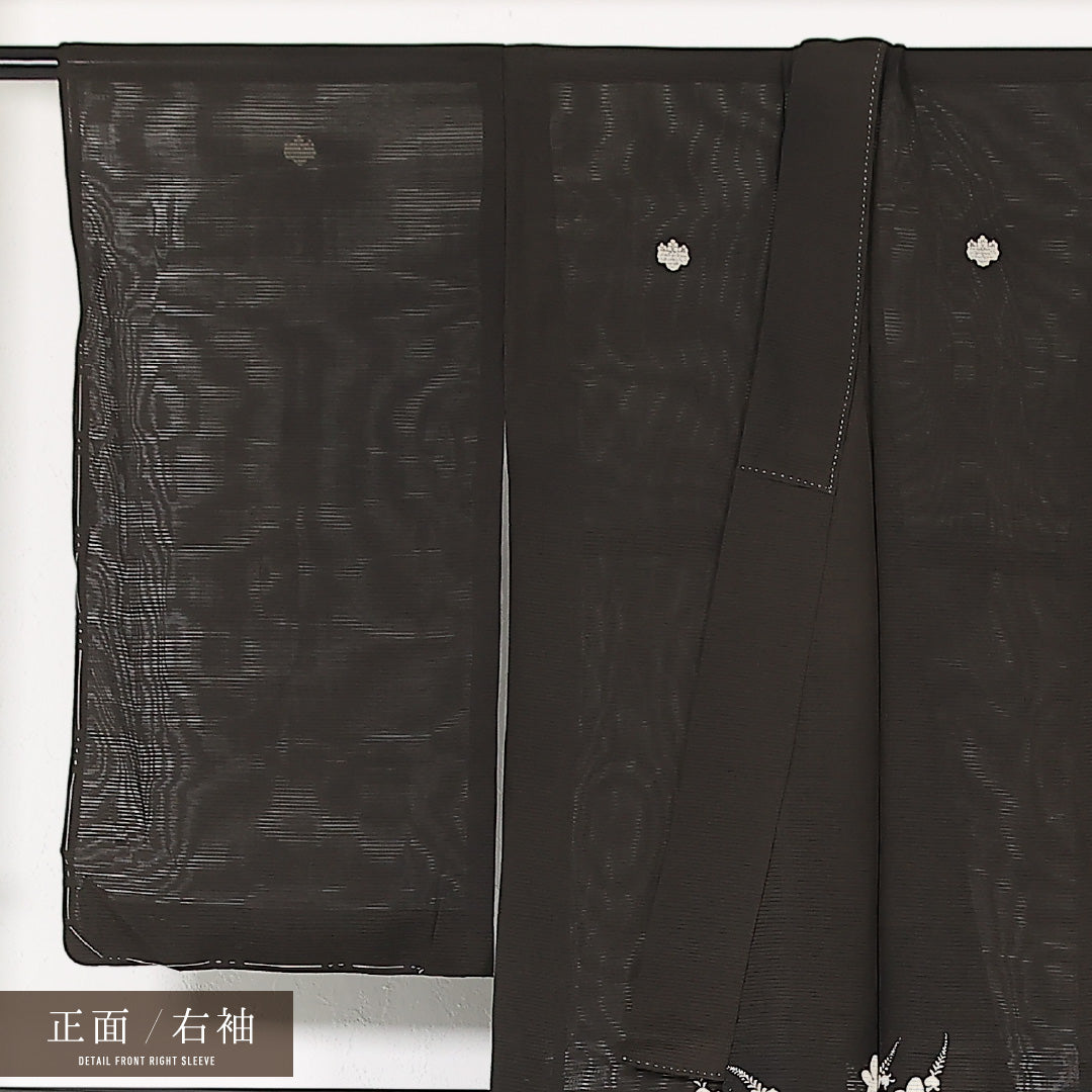 アンティーク 夏物 黒留袖 絽 身丈150cm 裄丈62cm 正絹 Aランク 五つ紋 (五三桐) バチ衿 Sサイズ 刺繍 撫子 黒系 SR 1213-17415