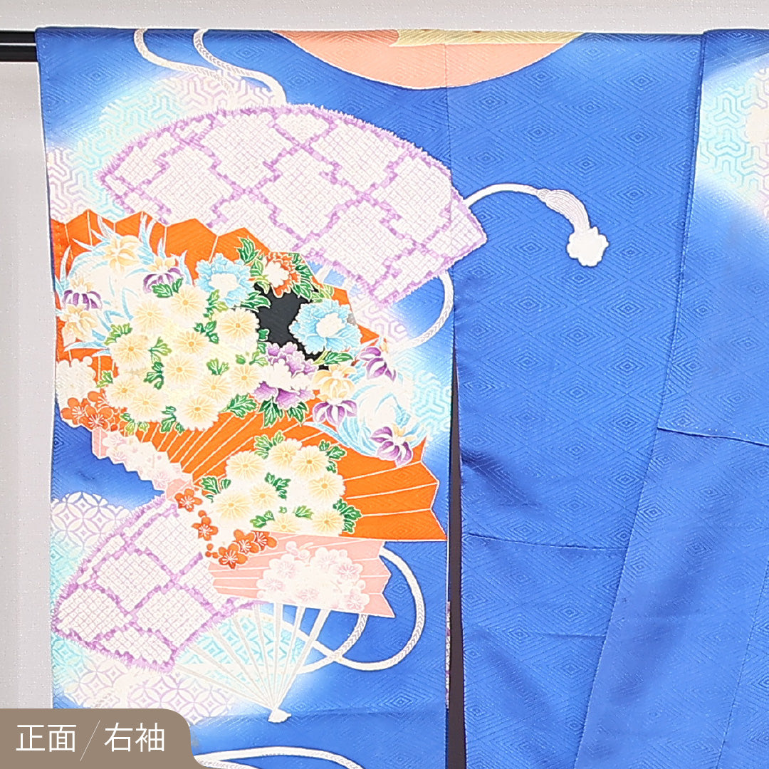 振袖 袷 身丈162cm 裄丈66cm 正絹 Cランク フォーマル 広衿 Lサイズ 扇面文 吉祥文様 青系 RP 1215-06785