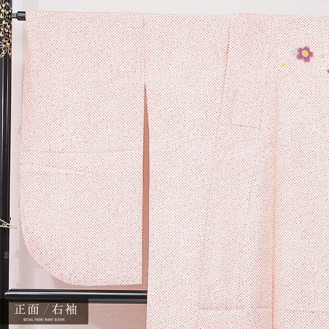 洗える着物 小振袖 袷 身丈164cm 裄丈66cm ポリエステル Cランク セミフォーマル 広衿 Lサイズ 刺繍 桜 鹿の子柄 朱系 HP 1216-07062
