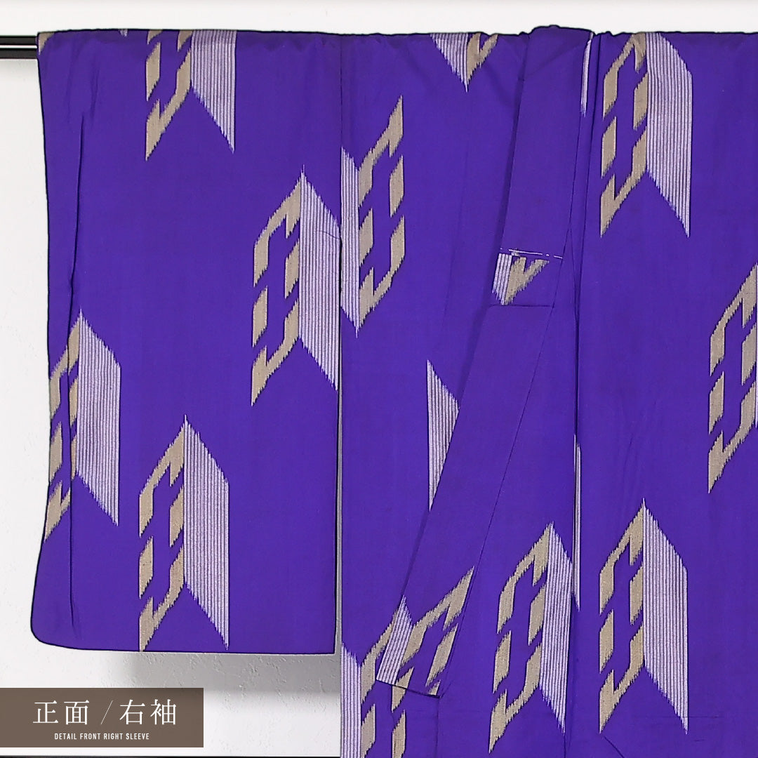 アンティーク 洗える着物 木綿の紬 袷 身丈146cm 裄丈63cm 木綿 Dランク バチ衿 Lサイズ 矢絣 紫系 RP 1223-17418