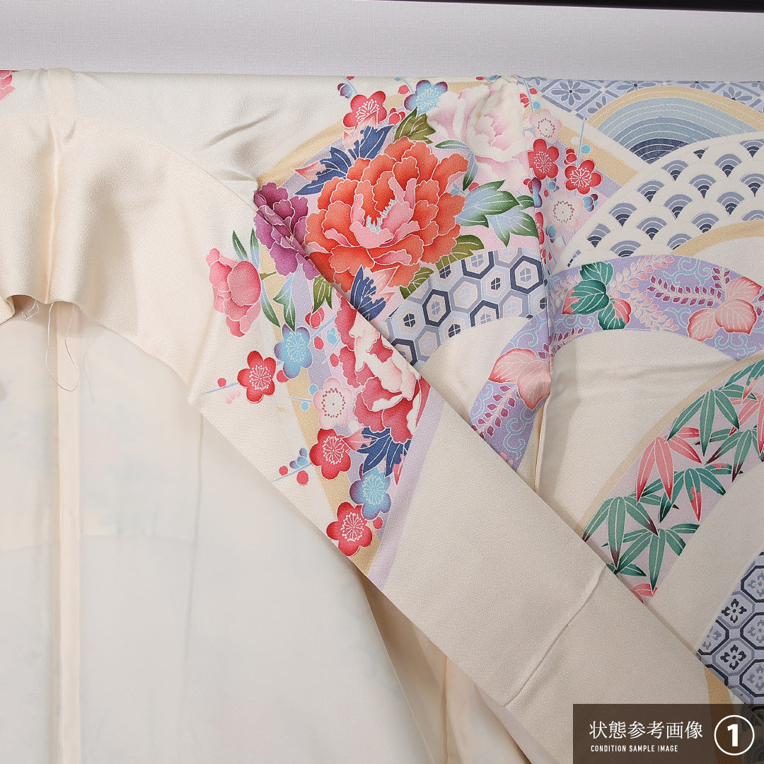 振袖 袷 身丈163cm 裄丈63cm 正絹 Bランク フォーマル 広衿 Lサイズ 牡丹 紅葉 吉祥文様 クリーム系 RP 1215-06740