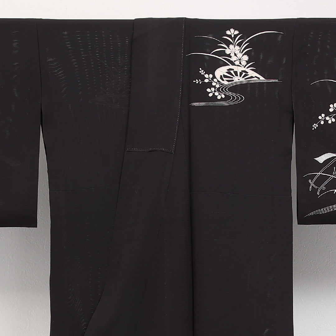 夏物 訪問着 絽 身丈152cm 裄丈66cm 正絹 Cランク セミフォーマル 広衿 Mサイズ 御所車 黒系 RP 1217-17309