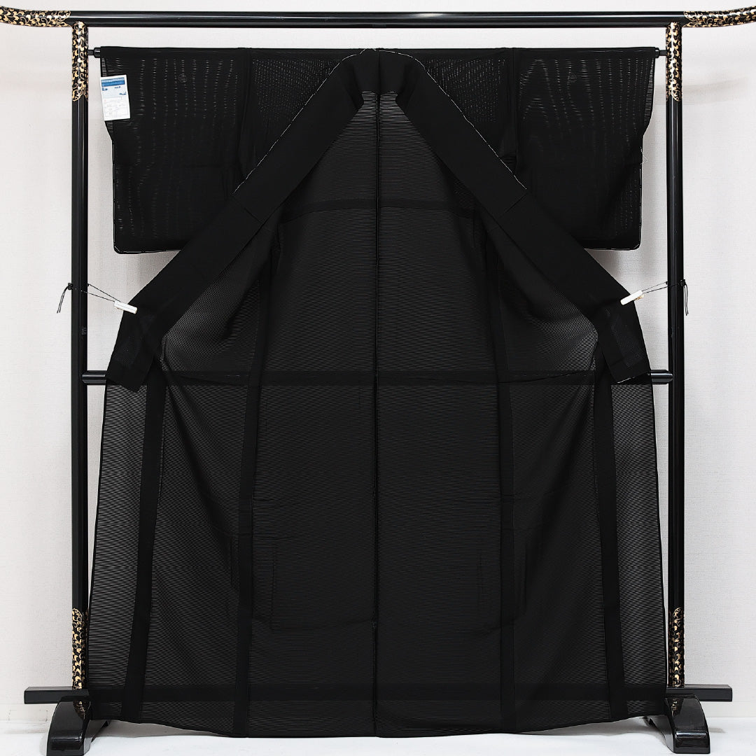 未使用品 夏物 黒紋付 絽 身丈167cm 裄丈64cm 正絹 Nランク 五つ紋 (丸に橘) 弔事用 広衿 XLサイズ しつけ糸 黒系 M4 1230-06888