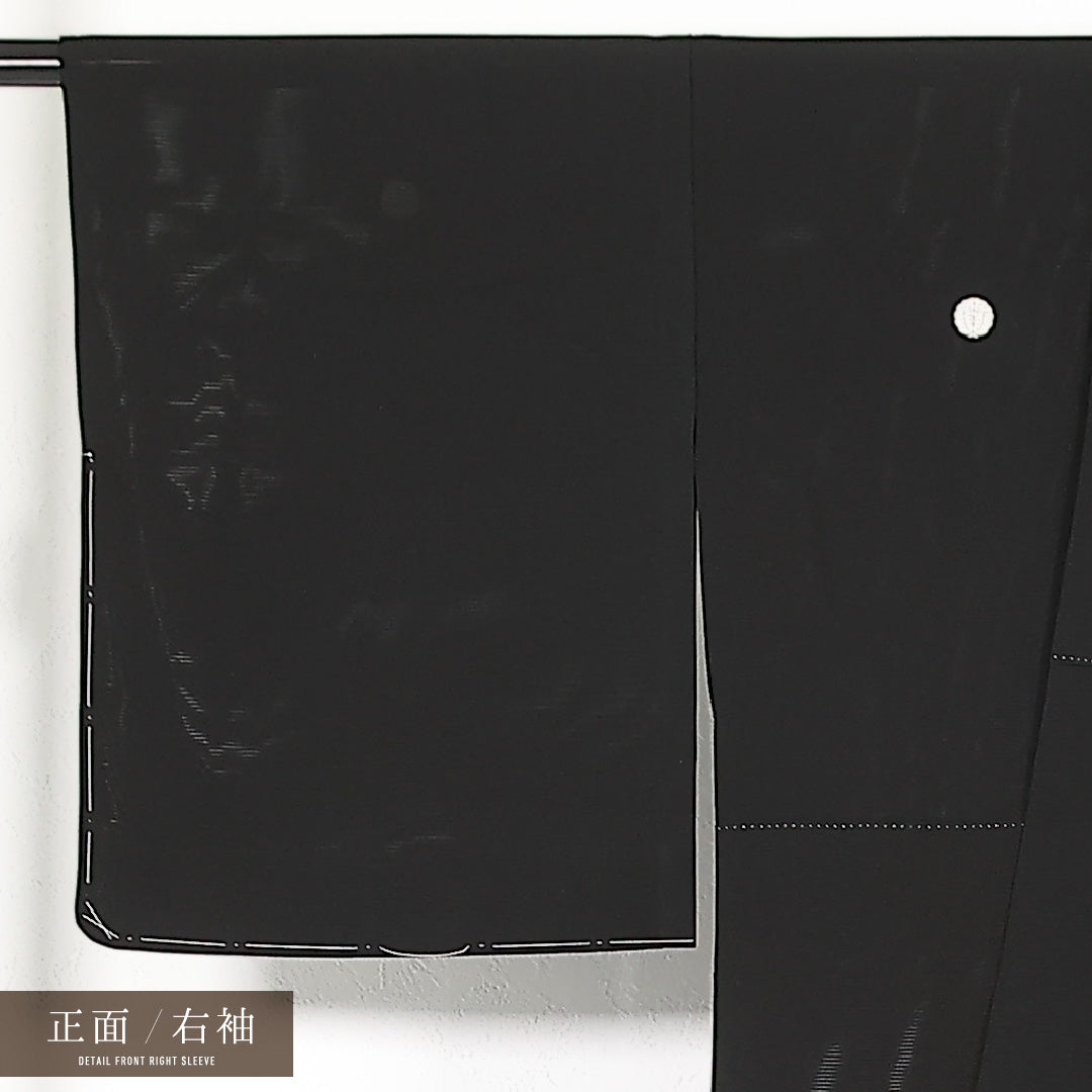 夏物 黒紋付 絽 身丈161cm 裄丈65cm 正絹 Aランク 五つ紋 (抱き柏) フォーマル 広衿 Mサイズ 黒系 RP 1230-17395