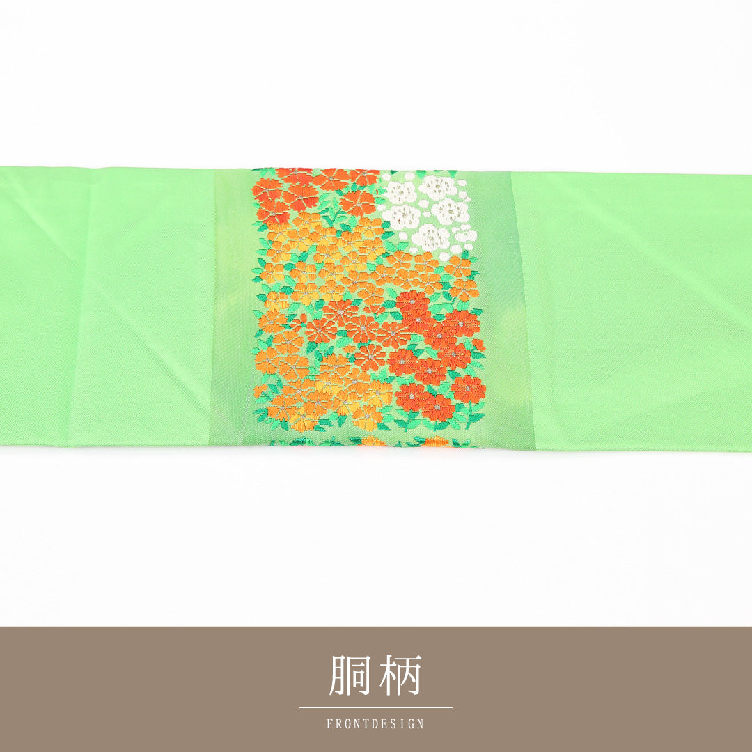 未使用品 九寸名古屋帯 Sランク 帯丈362cm 正絹 ポイント柄 名古屋仕立て 織り インフォーマル 菊 菊・椿 椿 緑系 RP 1245-04784