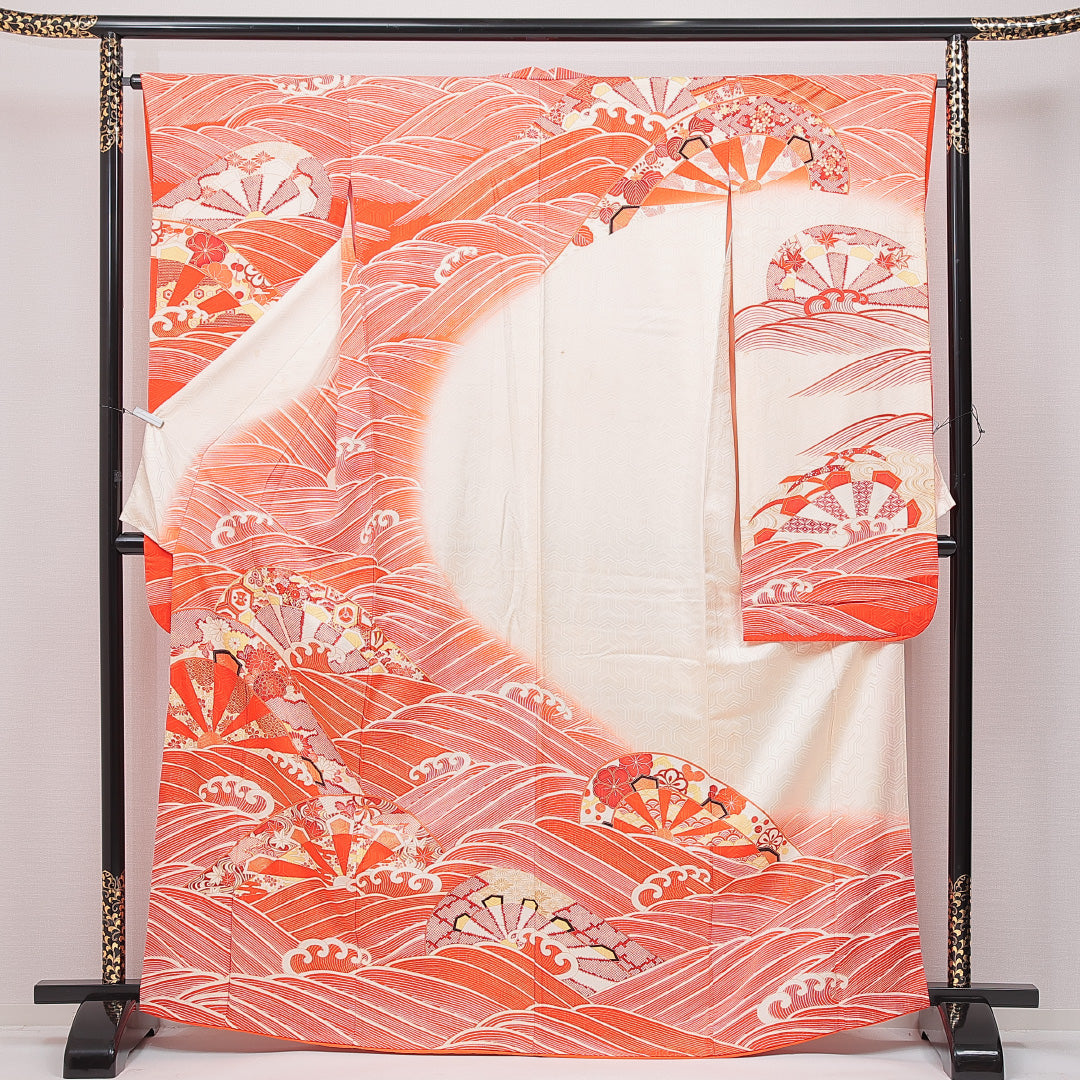 アンティーク 振袖 袷 身丈166cm 裄丈65cm 正絹 Bランク 広衿 XLサイズ 菱 菊 朱系 RP 1215-06901