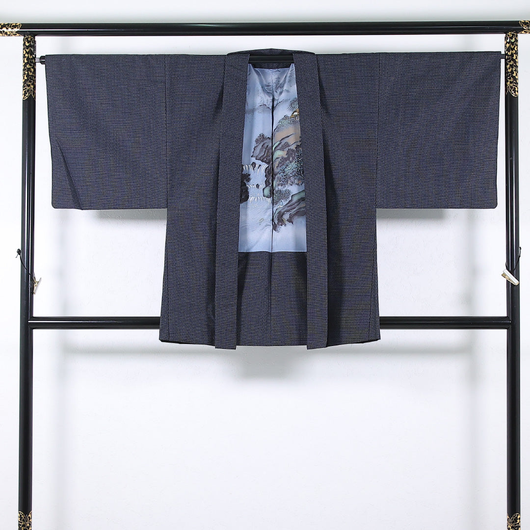 アンサンブル 男着物 (紬) 袷 身丈132cm 裄丈67cm 正絹 Bランク インフォーマル 棒衿 Lサイズ 抽象柄 紺系 RP 1224-17362