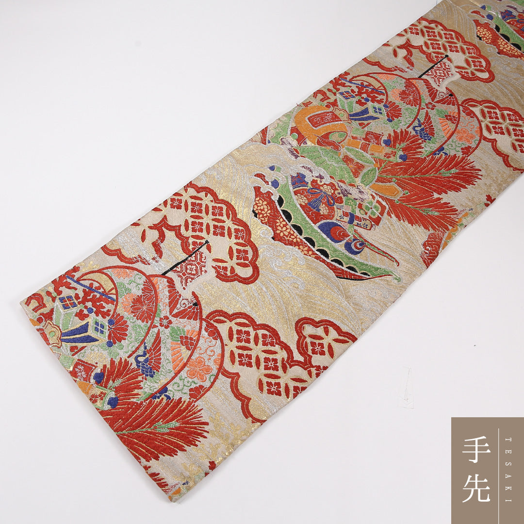 吉祥文様 アンティーク 丸帯 帯丈368cm 正絹 全通 クリーム系 1243-02605