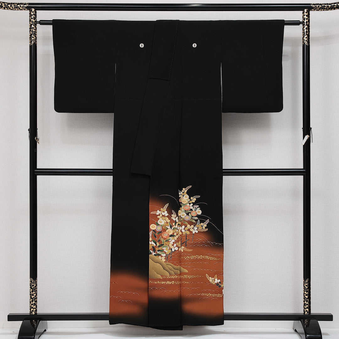 黒留袖 袷 身丈154cm 裄丈60cm 正絹 Sランク 五つ紋 (向い蝶) フォーマル 広衿 Sサイズ たたき染め 京友禅の巨匠 松井青々 刺繍 蘇州刺繍 石庭 黒系 M4 1213-06883