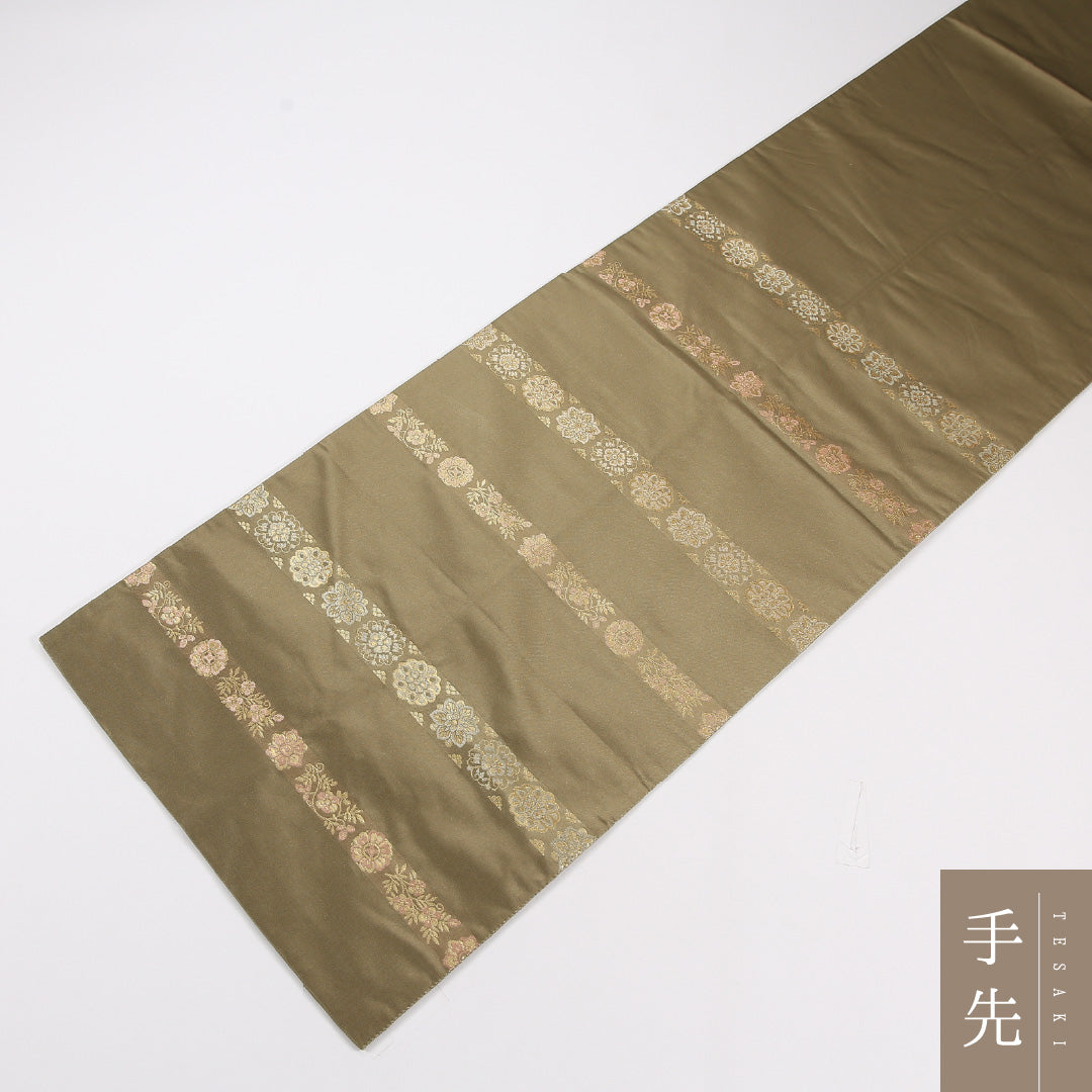アラベスク段文 袋帯 帯丈436cm 正絹 六通 フォーマル 宝相華 緑系 茶系 1243-02639