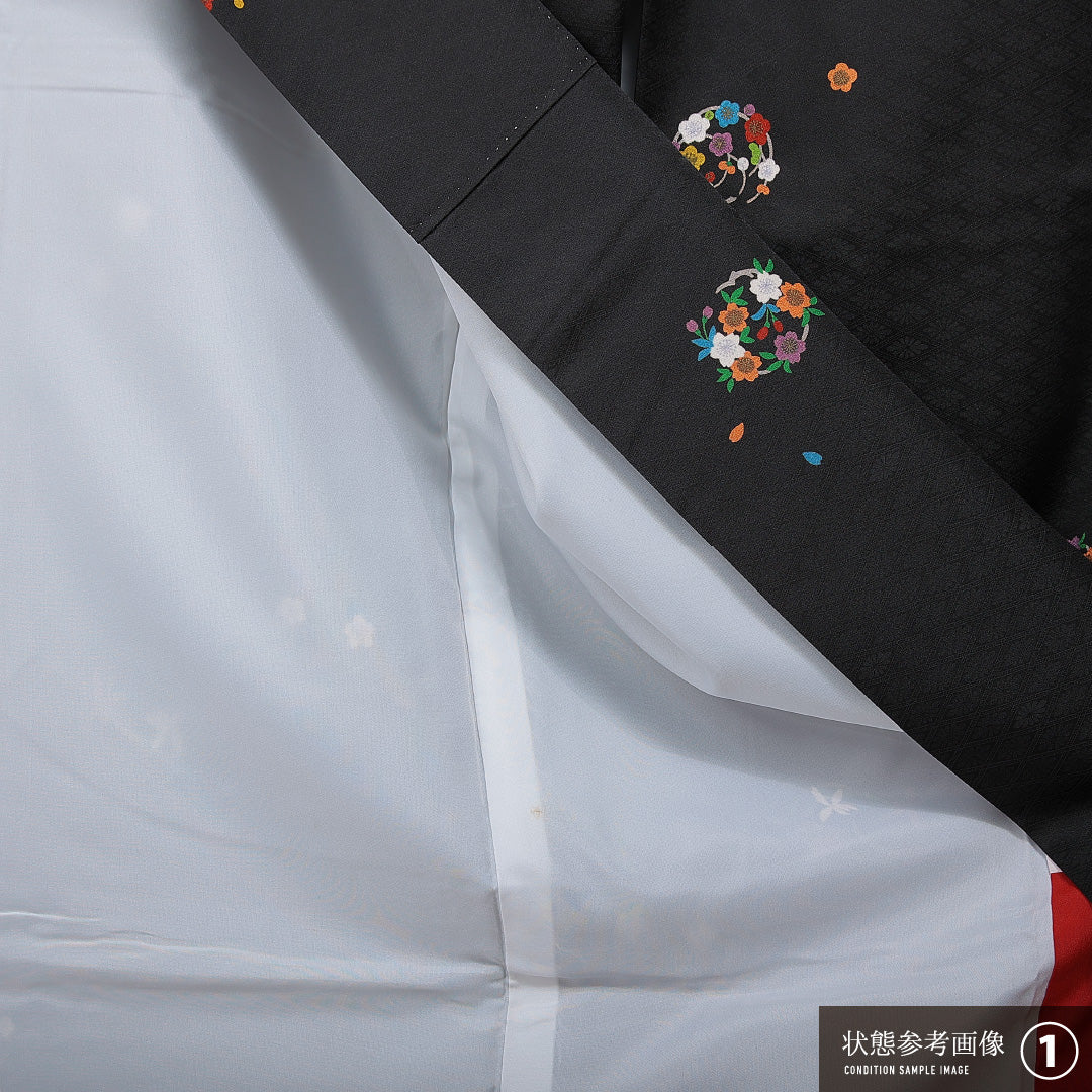 洗える着物 振袖 袷 身丈165cm 裄丈68cm ポリエステル Sランク 紋意匠 (花菱) フォーマル 広衿 XLサイズ 丸文 黒系 RP 1215-07046