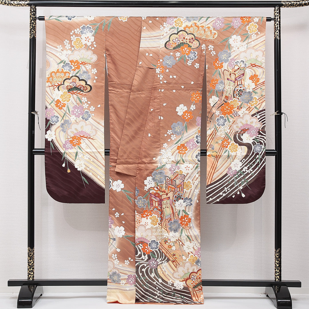 振袖 袷 身丈166cm 裄丈65cm 正絹 Sランク フォーマル 広衿 XLサイズ 御所車 菊 茶系 RP 1215-06979