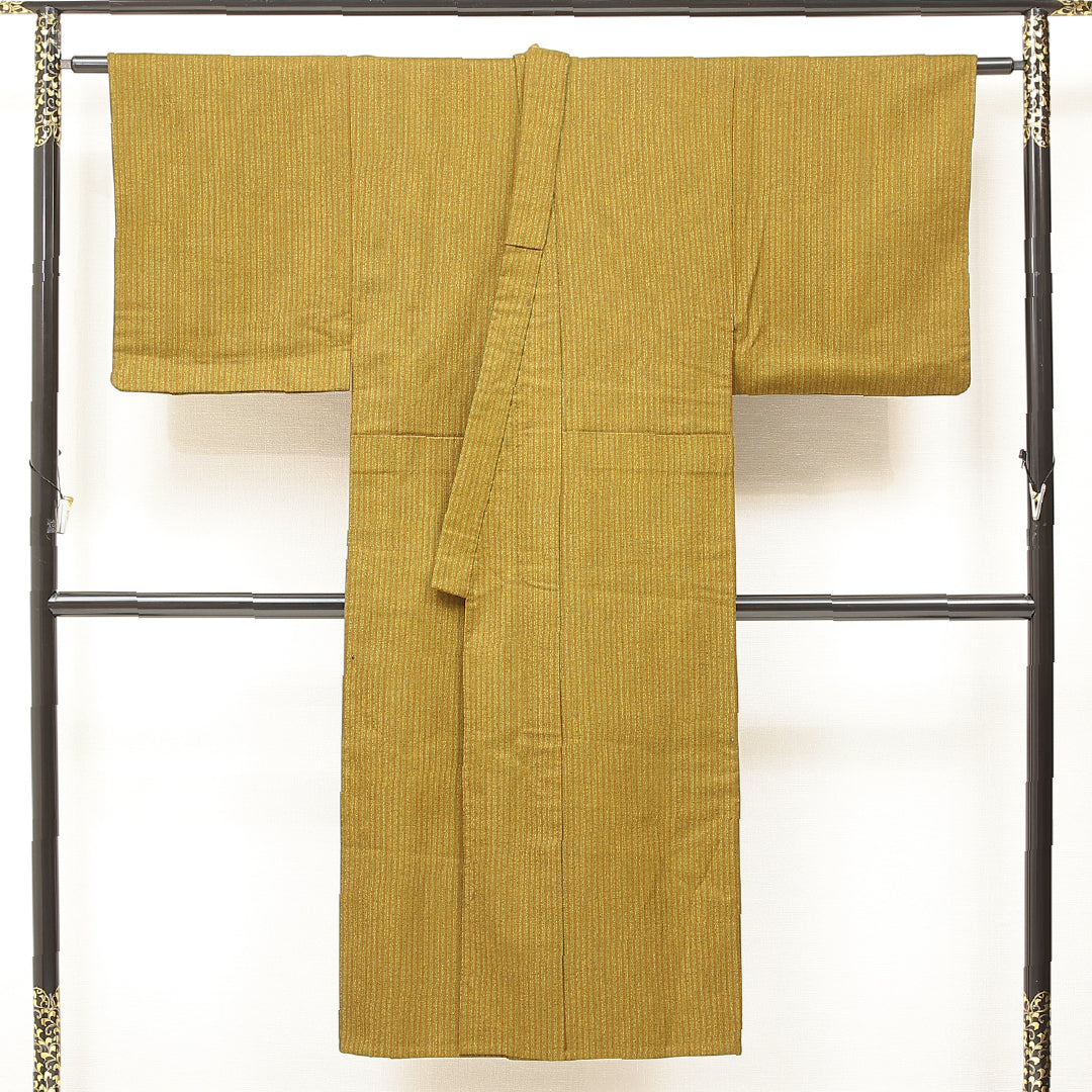 洗える着物 ウールの男着物 袷 身丈140cm 裄丈65cm ウール Cランク カジュアル 棒衿 Mサイズ 縞 緑系 RP 1224-17191