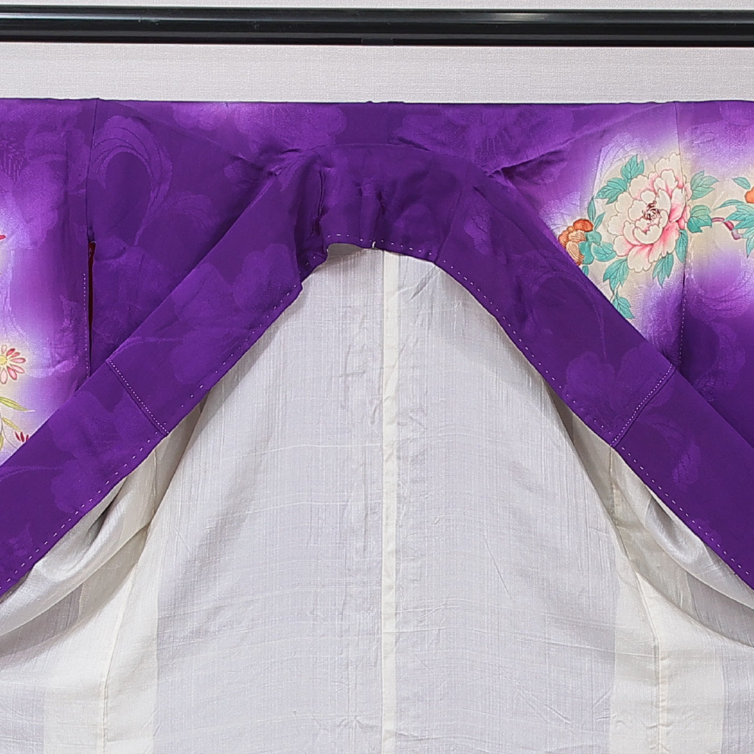 アンティーク 小振袖 (錦紗) 袷 身丈153cm 裄丈62cm 正絹 Dランク 広衿 Sサイズ 扇面文 紫系 M4 1216-07101