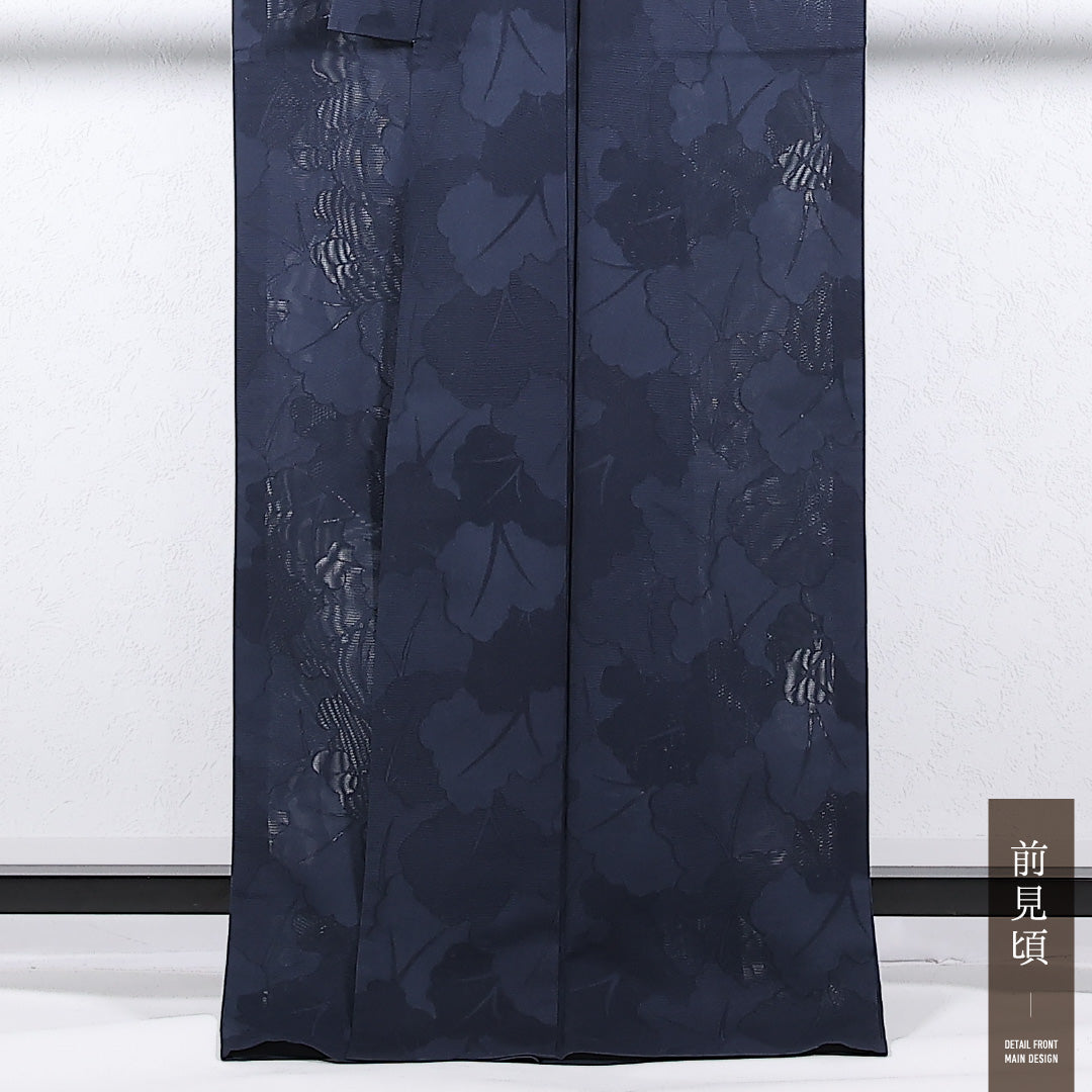 夏物 小紋 絽 身丈170cm 裄丈66cm 正絹 Sランク 一つ紋 (違い鷹の羽) セミフォーマル バチ衿 Lサイズ 植物柄 紺系 RP 1221-17349