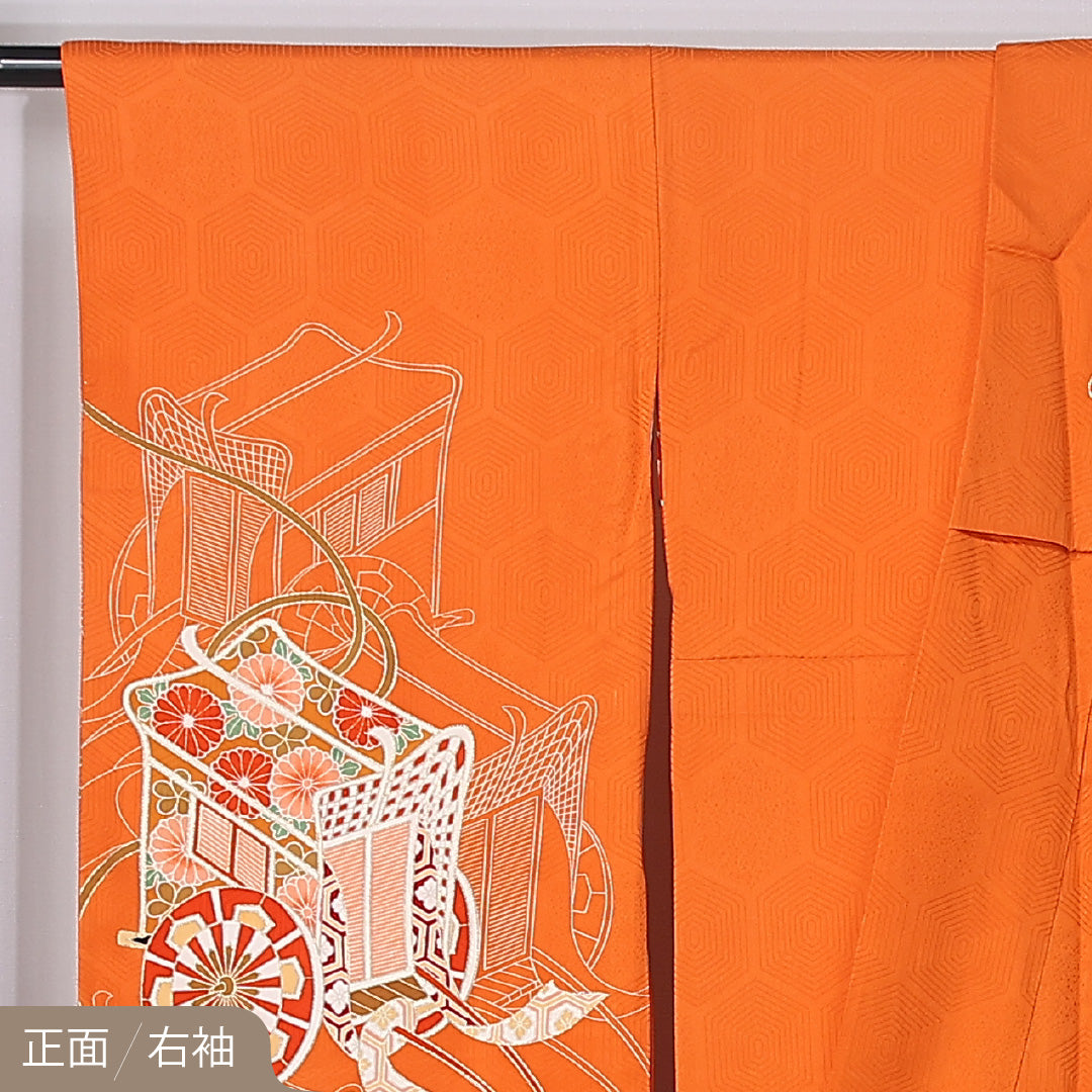 振袖 袷 身丈161cm 裄丈66cm 正絹 Sランク フォーマル 広衿 Lサイズ 御所車 朱系 RP 1215-06764