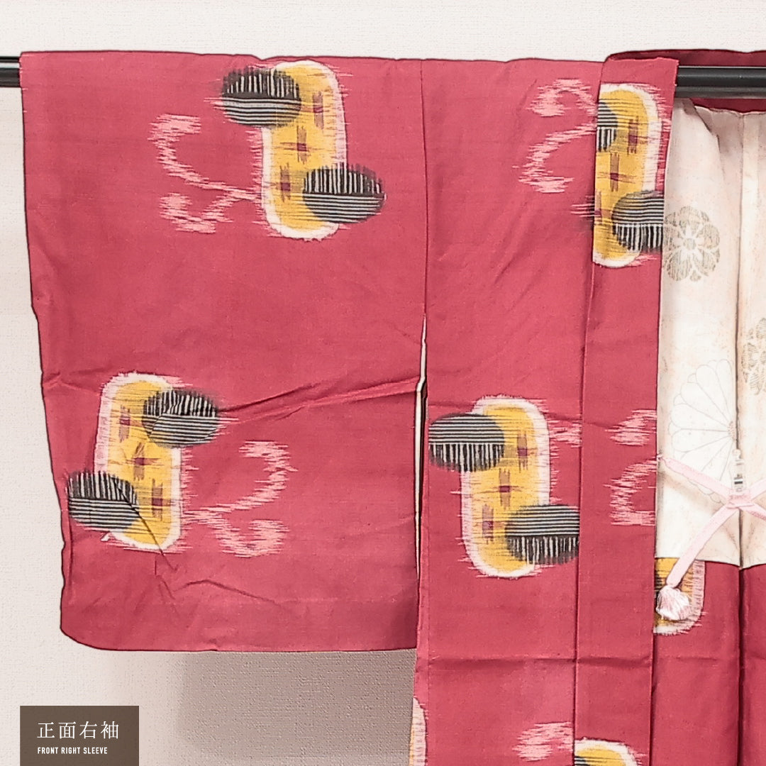 アンティーク 羽織 (銘仙) 袷 身丈90cm 裄丈64cm 正絹 Cランク Mサイズ 紐あり 小判 赤系 RP 1232-17210