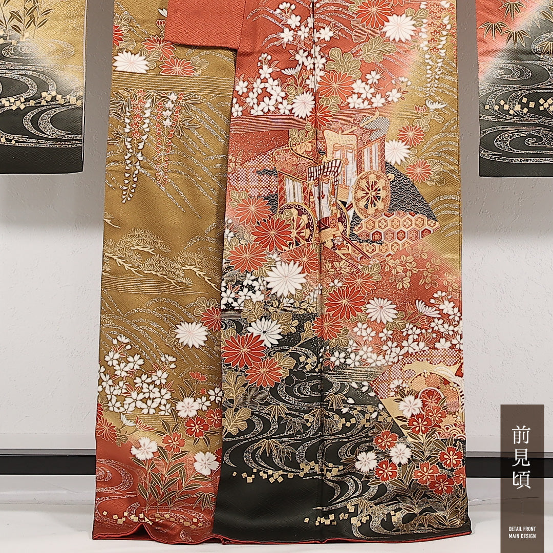 振袖 袷 身丈168cm 裄丈66cm 正絹 Sランク フォーマル 広衿 Lサイズ 金彩 金駒刺繍 御所車 赤系 RP 1215-17394