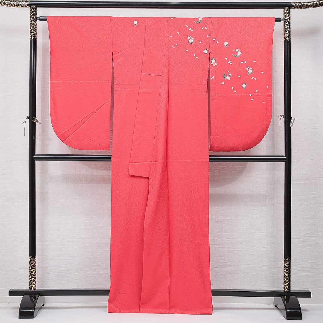 洗える着物 小振袖 袷 身丈163cm 裄丈66cm ポリエステル Aランク セミフォーマル 広衿 Lサイズ 桜 赤系 RP 1216-07030