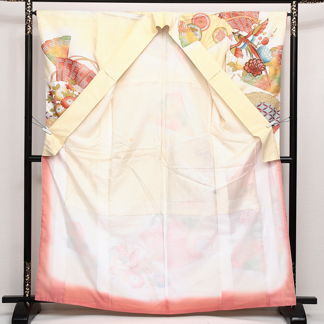 洗える着物 振袖 袷 身丈164cm 裄丈65cm ポリエステル Cランク フォーマル 広衿 Lサイズ 刺繍 扇面文 牡丹 吉祥文様 クリーム系 LP 1215-06864