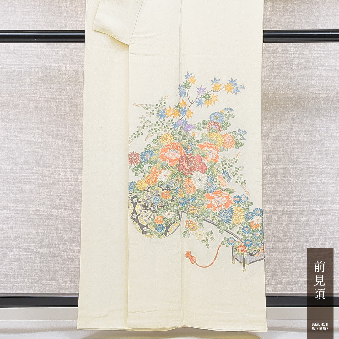 色留袖 袷 身丈159cm 裄丈65cm 正絹 Cランク セミフォーマル 広衿 Mサイズ 牡丹 黄系 LP 1214-06910