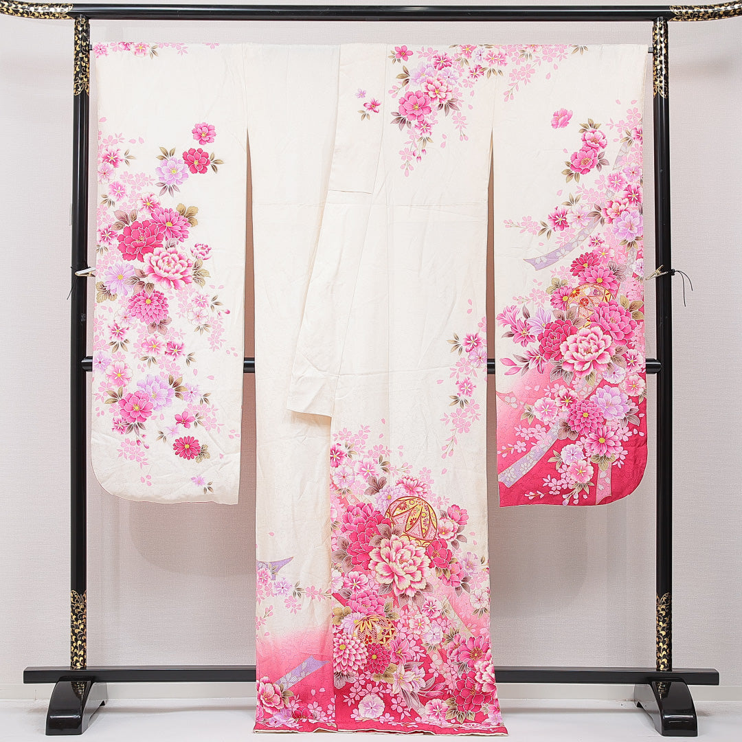 振袖 袷 身丈174cm 裄丈69cm 正絹 Sランク フォーマル 広衿 2XLサイズ ガード加工 毬 牡丹 白系 RP 1215-06986