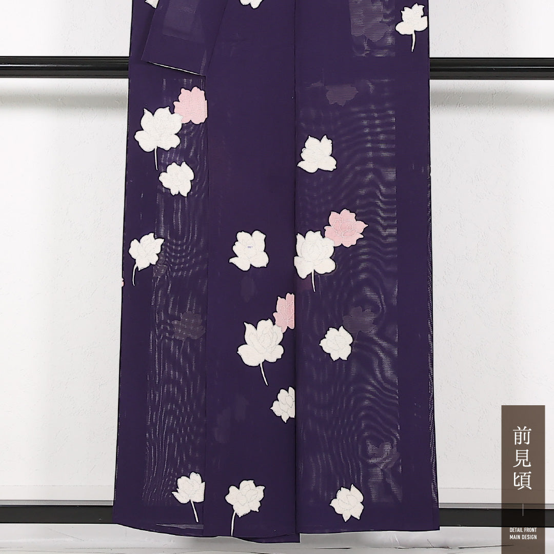 夏物 小紋 絽 身丈155cm 裄丈64cm 正絹 Aランク インフォーマル 広衿 Mサイズ 銀彩 薔薇 紫系 RP 1221-17476
