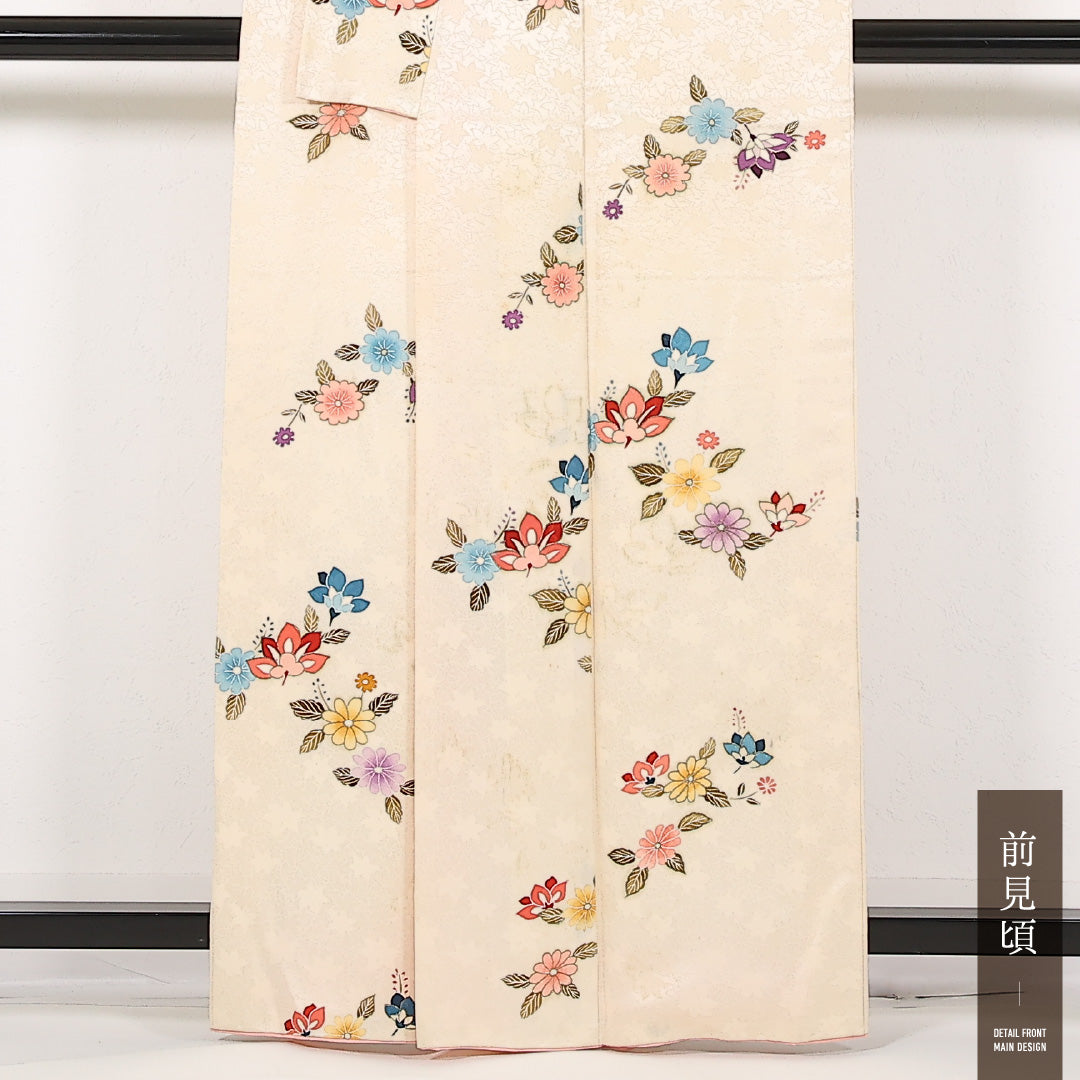 洗える着物 付下げ 袷 身丈162cm 裄丈64cm ポリエステル Cランク インフォーマル 広衿 Mサイズ 菊 クリーム系 LP 1218-17475
