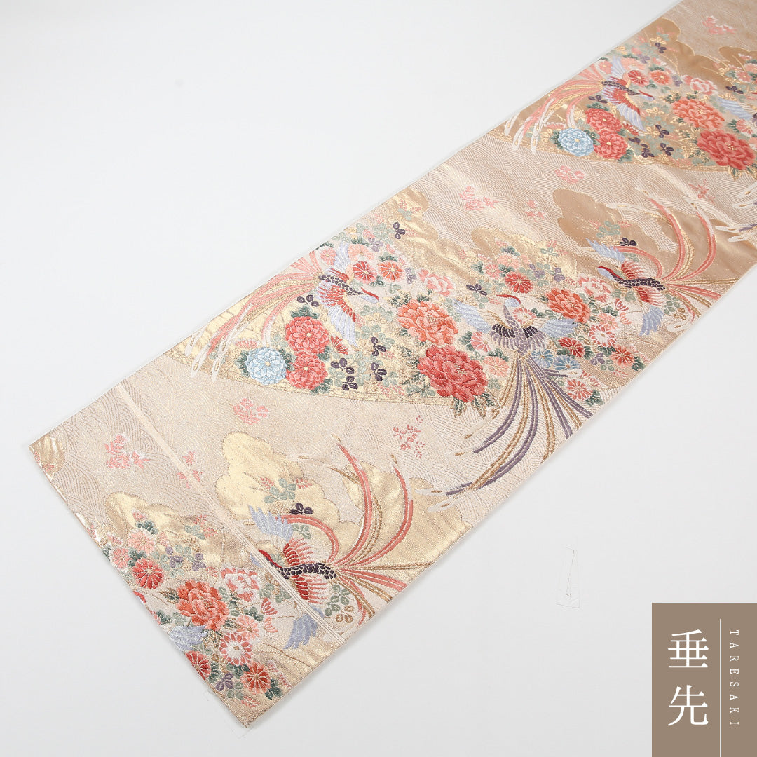 尾長鳥 袋帯 帯丈428cm 正絹 六通 フォーマル クリーム系 白系 1243-02582