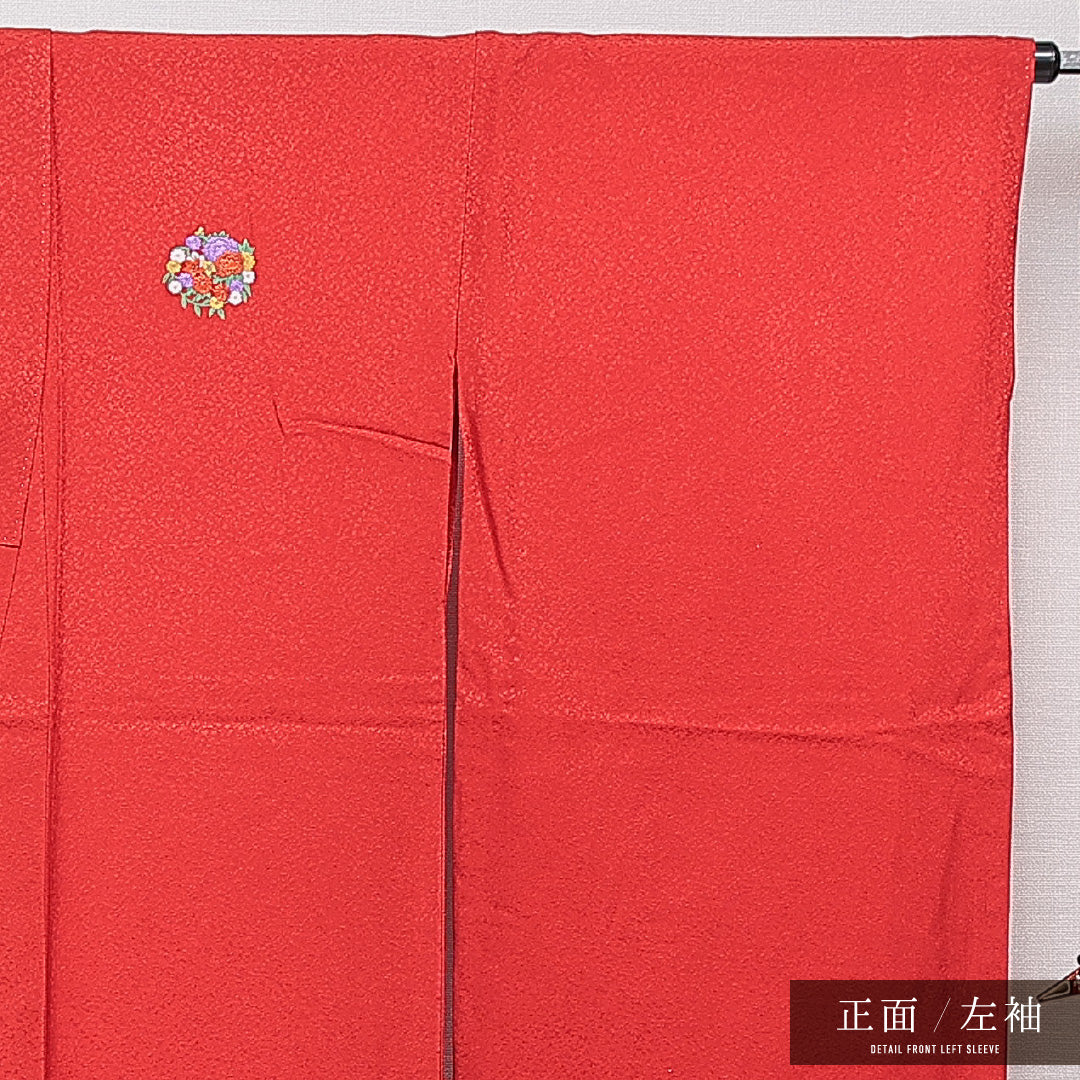 洗える着物 小振袖 袷 身丈168cm 裄丈67cm ポリエステル Sランク セミフォーマル 広衿 XLサイズ 刺繍 牡丹 菊 赤系 RP 1216-07060