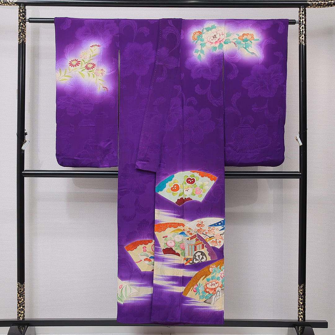アンティーク 小振袖 (錦紗) 袷 身丈153cm 裄丈62cm 正絹 Dランク 広衿 Sサイズ 扇面文 紫系 M4 1216-07101